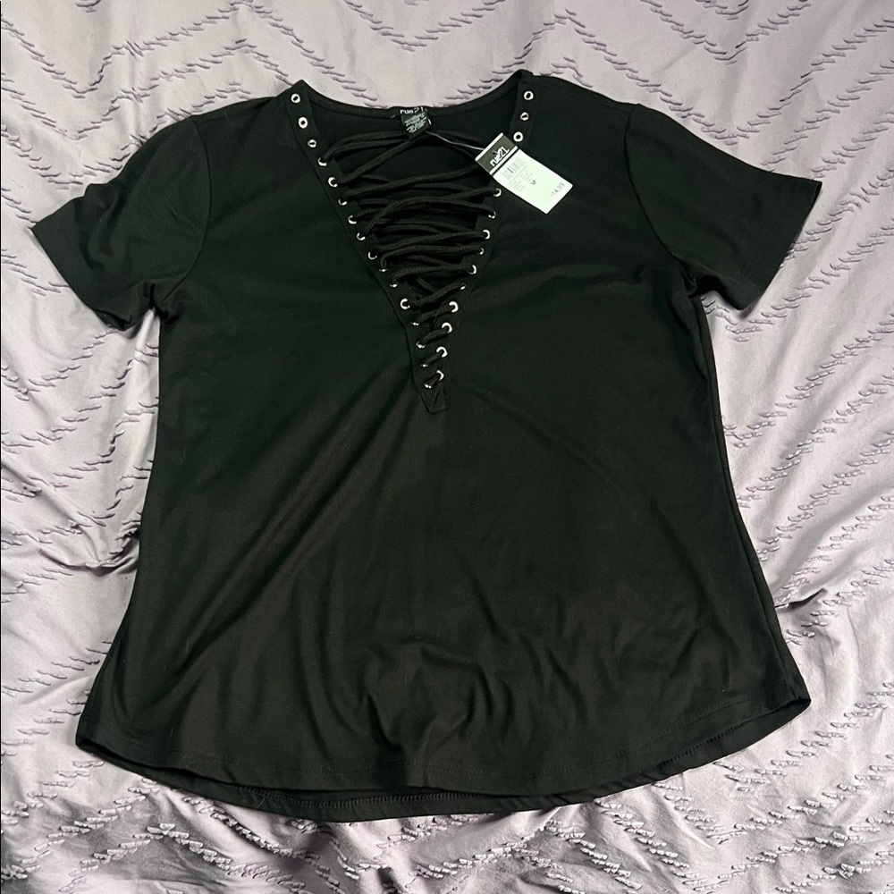 Rue21 Black Lace-Up Short Sleeve Top